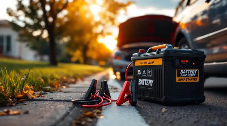 A professional tow operator jump starting a car battery on an Atlanta street at dusk with cinematic lighting.