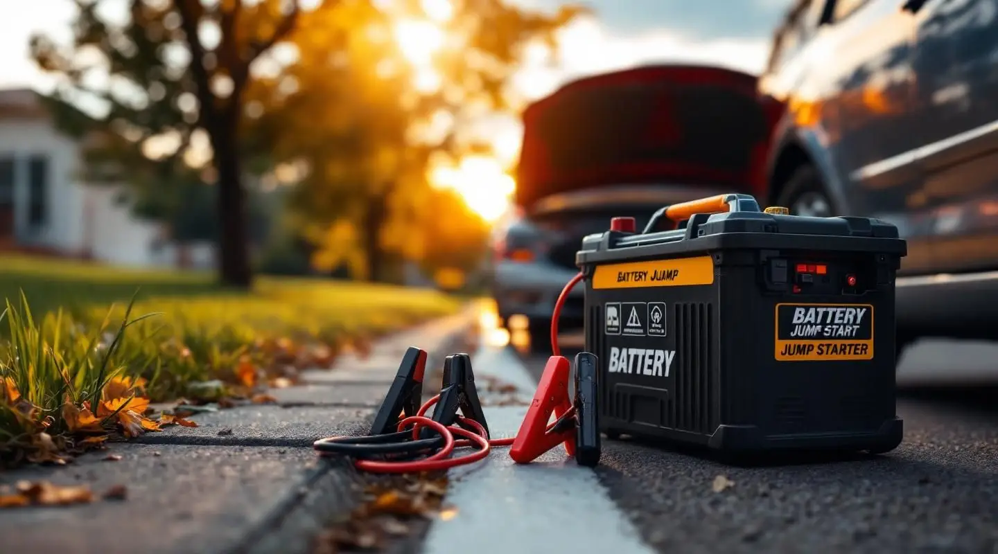 A professional roadside technician jump starting a car battery on an Atlanta street corner under warm afternoon light.