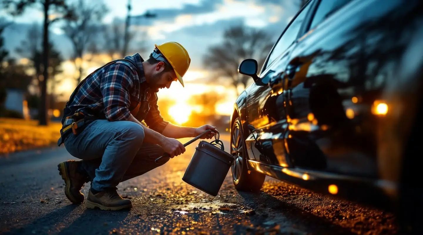 A professional tow operator using specialized lockout tools to safely unlock a sedan door on an Atlanta roadside at dusk.