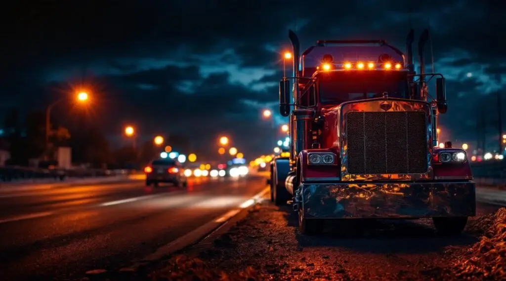 A flatbed tow truck loading a stranded sedan at night on an Atlanta highway with the city skyline glowing in the background.