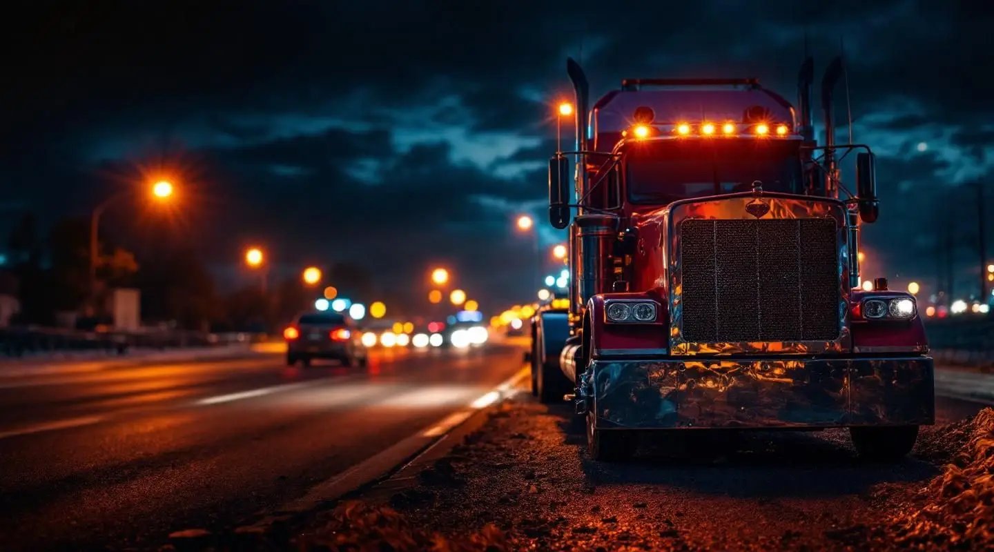 A flatbed tow truck loading a stranded sedan at night on an Atlanta highway with the city skyline glowing in the background.