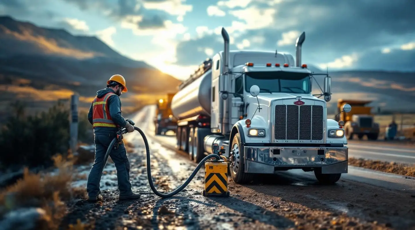 Roadside assistance technician pouring fuel from a safety container into a stranded vehicle on an Atlanta highway shoulder.