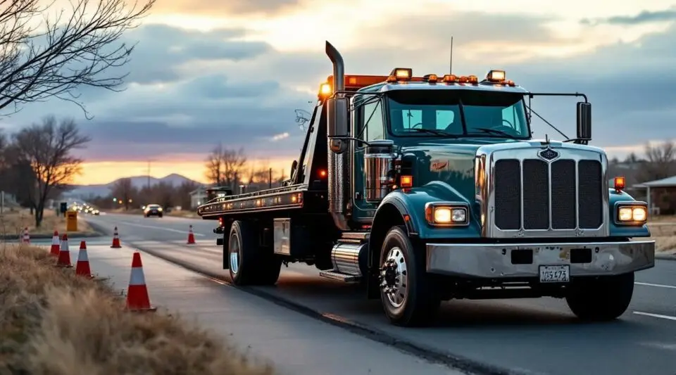 A professional flatbed tow truck safely loading a vehicle on Warner Street Southwest in Atlanta under twilight sky.