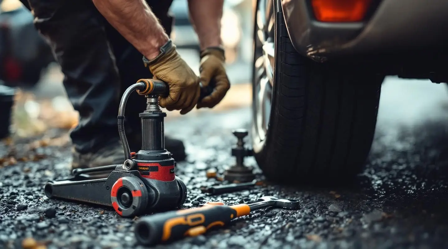 A professional roadside technician using an impact wrench to change a flat tire on a car on an Atlanta highway shoulder at dusk.