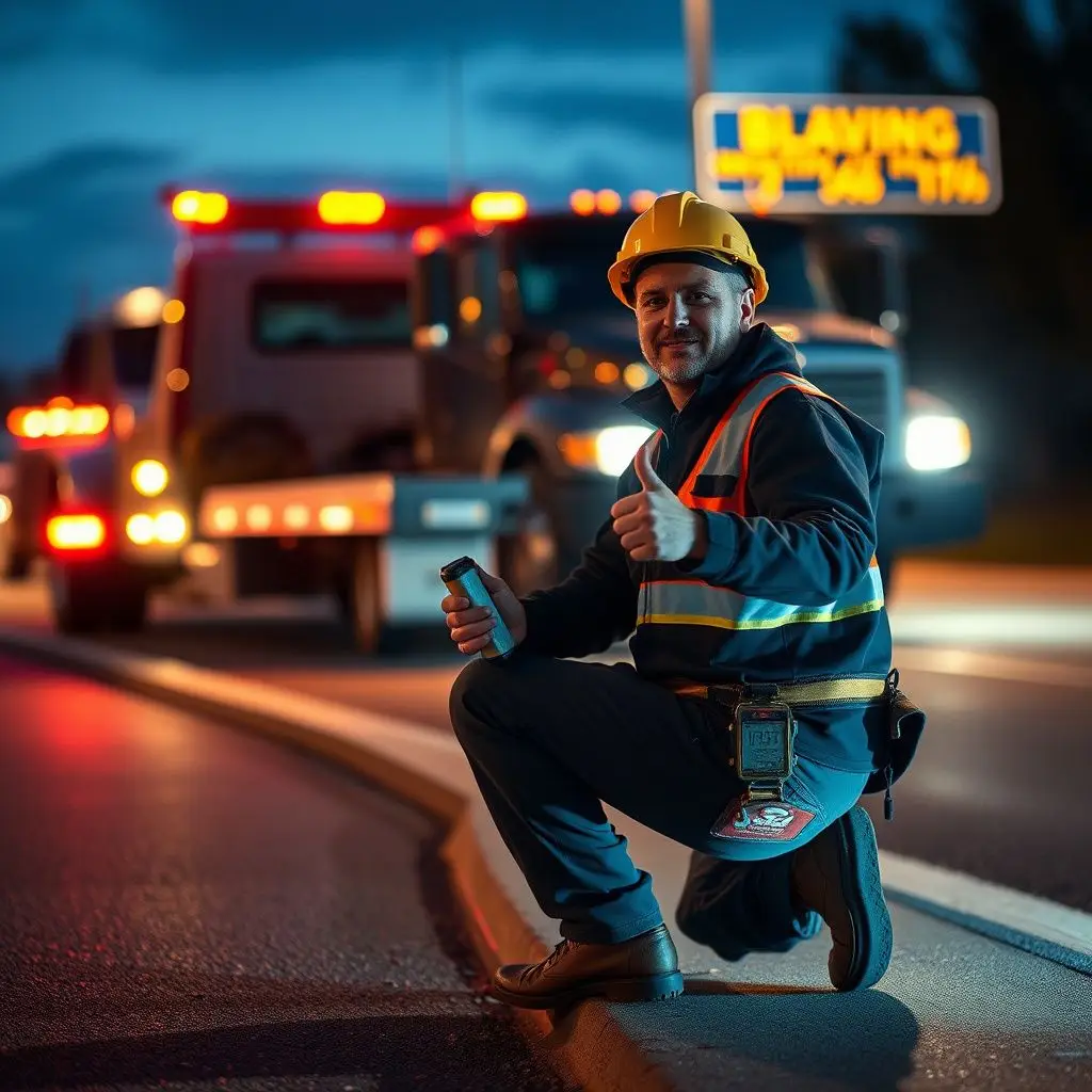 A professional tow operator securing a vehicle onto a flatbed tow truck safely on a Decatur road.