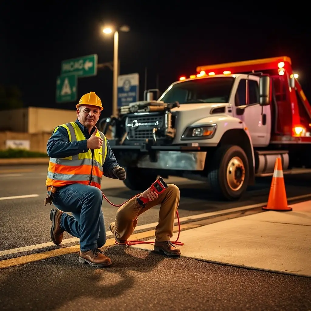 A professional flatbed tow truck parked safely under highway lights at night near Hapeville