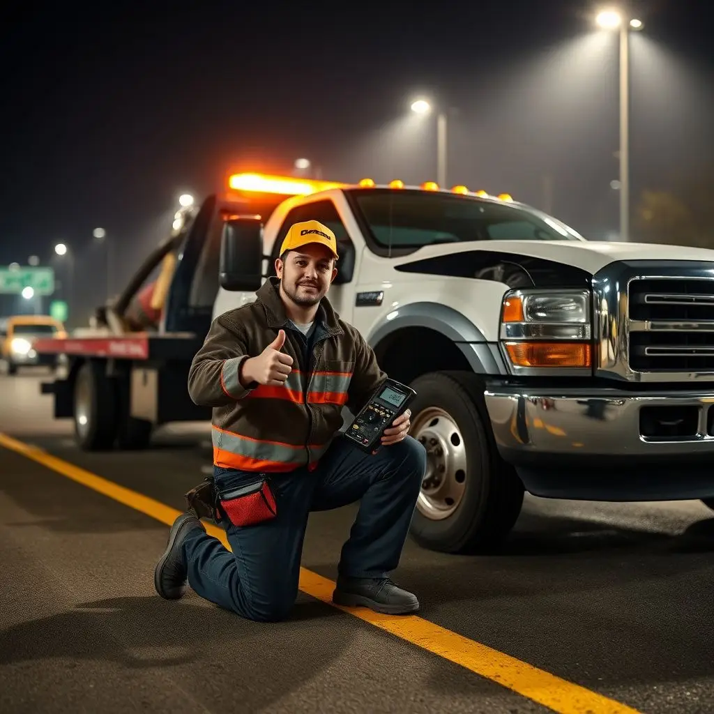 A flatbed tow truck operator securing a vehicle safely on the bed in Forest Park, GA.