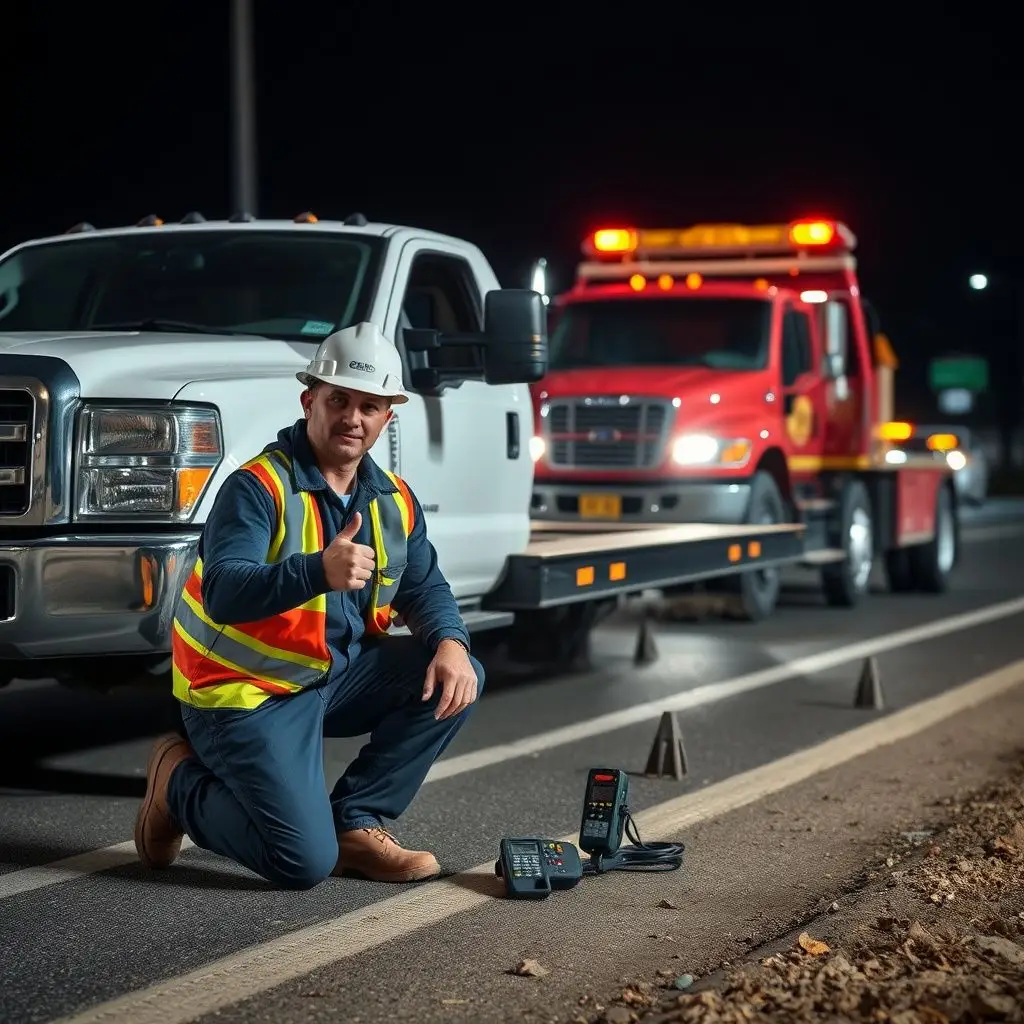 A clean, modern tow truck cab with GPS dispatch screen visible, parked under streetlights in Riverdale.